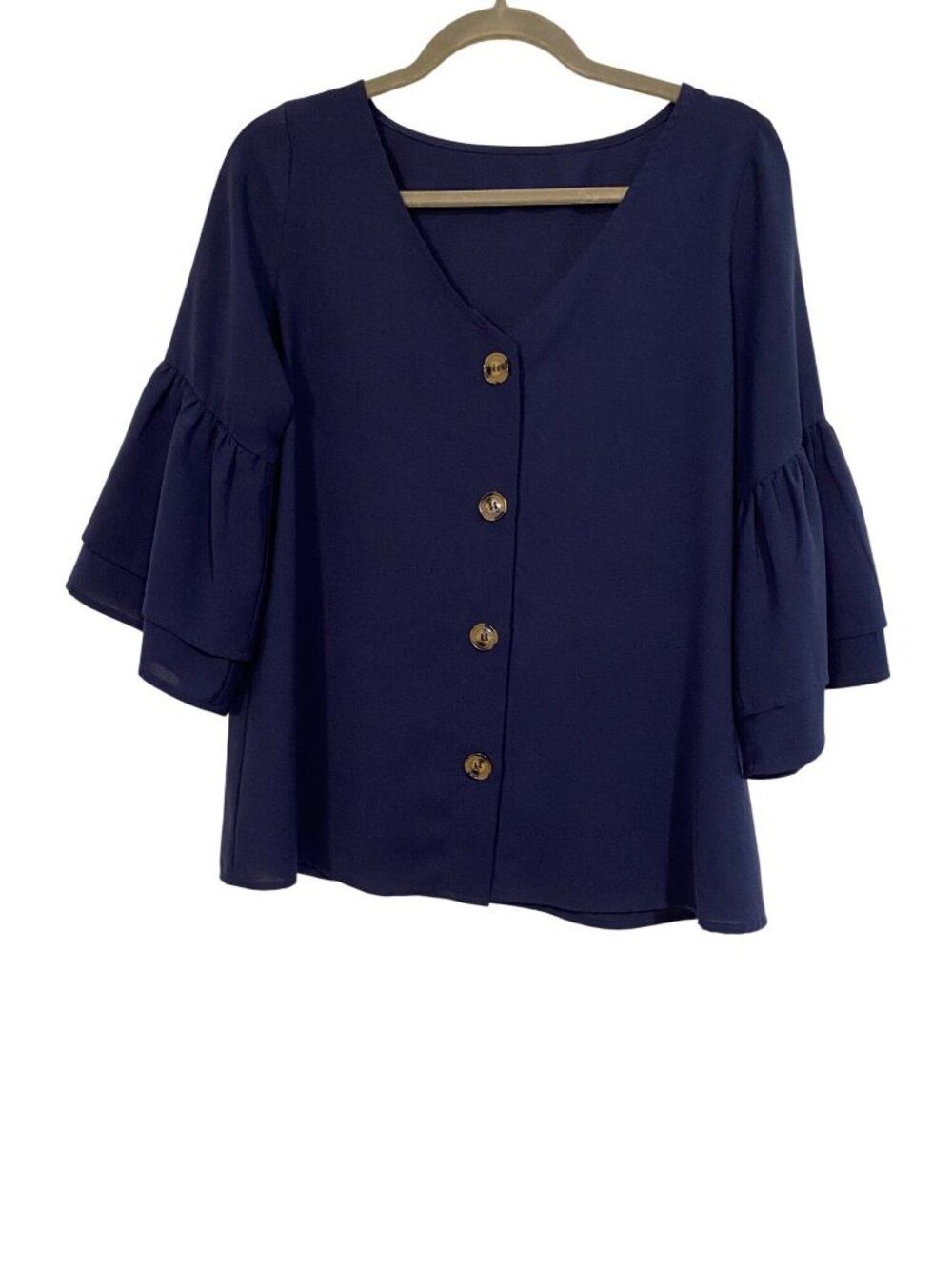 Unbranded Women's S Navy Blue Button-Front Top With Ruffle Bell Sleeves Office